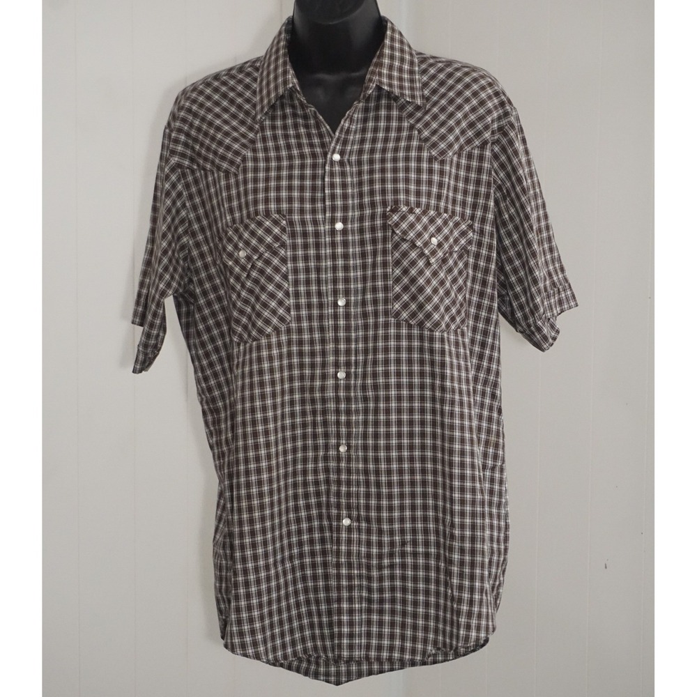 Plains Medium Brown Plaid Short Sleeve Pearl Snap Western Shirt